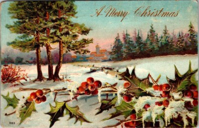 Christmas Vintage Postcard Winter Snowy Town Village Scene Winding Road Holly-image