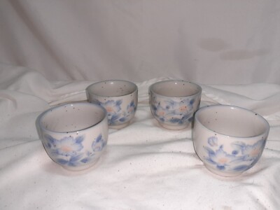 4 Pier 1 Japanese Style Sake Tea Cups White w/Blue Floral Design-image