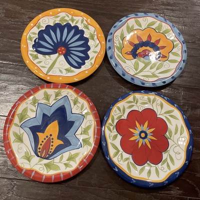 Pier 1 Floral Earthenware Handpainted 8 Inch Salad Dessert Plates Set of 4 Boho-image