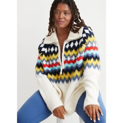 AERIE Quarter Zip Sweater Fair Isle Cozy Soft Thick Chunky Nordic Size Medium-image
