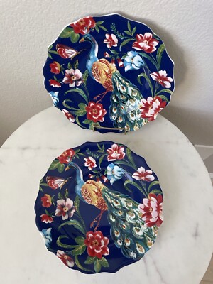 Set of 2 Pier 1 Imports Peacock & Floral Lunch Salad Plates Multi Scalloped NWOT-image
