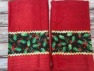 Red 2 piece Set Kitchen Hand Towel Christmas Mistletoe Berries Fabric Gold Trim-image