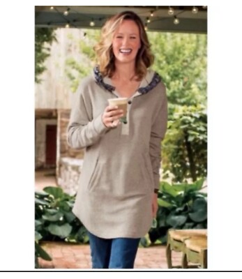 SOFT SURROUNDINGS Oatmeal Cozy Cabin Cuddle Up Fur Trim Hoodie Tunic Sweater L-image