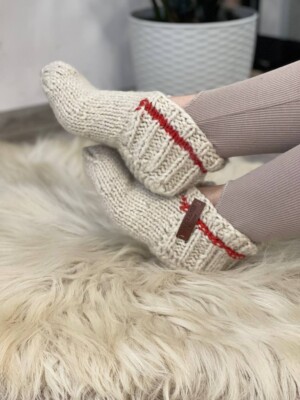 Hand-Knitted Wool Slippers, Eco-Friendly, Organic, Warm, Cozy, White, Everyday-image