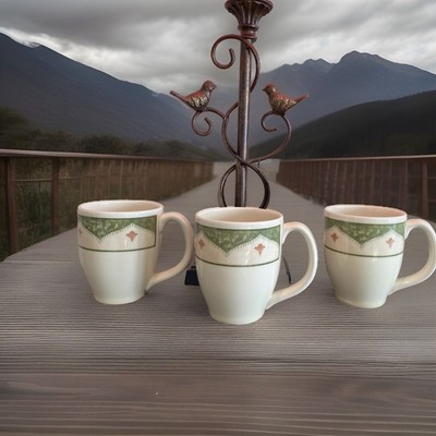 Pier 1 Imports Set of 3 Sabel Ironstone Ivory Green  Mugs Cottage Core MCM Retro-image