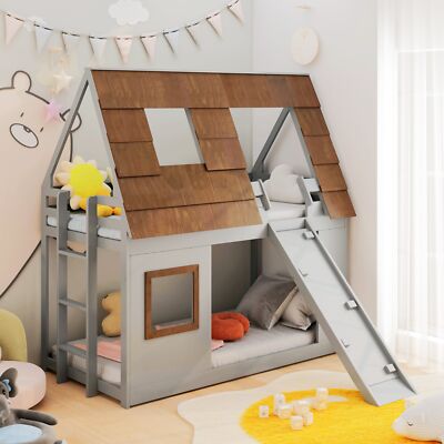 Wood Twin Size House Bunk Bed with Ladder and Climbing Ramp-image